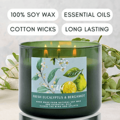 Fresh Eucalyptus Bergamot Candle 3 Wick | Natural Soy Wax Candle for Home, 15.8 Oz Large Aromatherapy Candle for Relaxation, Scented Candle for Women and Men, Luxury Candle Gift for Him and Her