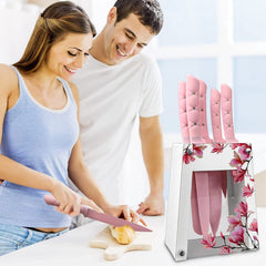 Kitchen Knife Set,Pink Flower 6PC Stainless Steel Sharp Chef Knife Set with Acrylic Stand, Cooking Non-slip Knife Set with Block, Non-stick Colorful Coating Gift for Women Girls