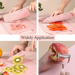 Kitchen Knife Set, Pink 7PC Wheat Straw Sharp Chef Knife Set with Cutting Board and Acrylic Stand, Stainless Steel Cooking Knife with Gift Box for Women Girls Friends Family