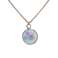 Natural Stone with UV Reactive Floral Design Necklace,18k Gold Black Obsidian, Amazonite, Rose Quartz