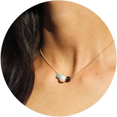 White Pearl, Amazonite, Garnet Stones 18k Gold Beaded Necklace