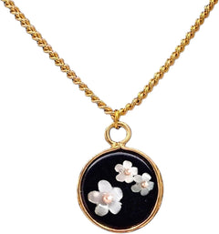 Natural Stone with UV Reactive Floral Design Necklace,18k Gold Black Obsidian, Amazonite, Rose Quartz