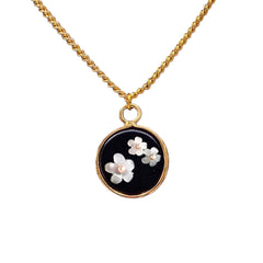 Natural Stone with UV Reactive Floral Design Necklace,18k Gold Black Obsidian, Amazonite, Rose Quartz