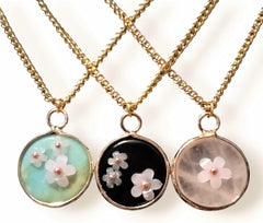 Natural Stone with UV Reactive Floral Design Necklace,18k Gold Black Obsidian, Amazonite, Rose Quartz
