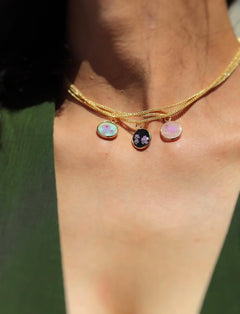 Natural Stone with UV Reactive Floral Design Necklace,18k Gold Black Obsidian, Amazonite, Rose Quartz