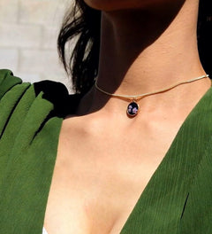 Natural Stone with UV Reactive Floral Design Necklace,18k Gold Black Obsidian, Amazonite, Rose Quartz
