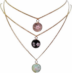 Natural Stone with UV Reactive Floral Design Necklace,18k Gold Black Obsidian, Amazonite, Rose Quartz