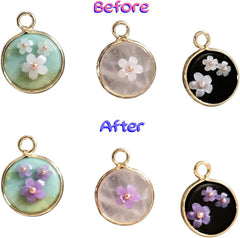 Natural Stone with UV Reactive Floral Design Necklace,18k Gold Black Obsidian, Amazonite, Rose Quartz