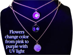 Natural Stone with UV Reactive Floral Design Necklace,18k Gold Black Obsidian, Amazonite, Rose Quartz
