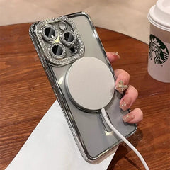 Fashion Girl Pink Crystal Glitter Transparent Magnetic Case For iPhone 16 15 11 12 13 14 Pro Max Wireless Charging Diamond Cover