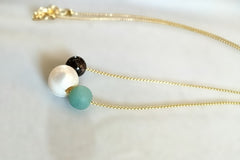 White Pearl, Amazonite, Garnet Stones 18k Gold Beaded Necklace