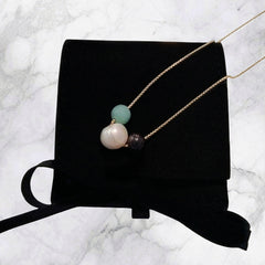 White Pearl, Amazonite, Garnet Stones 18k Gold Beaded Necklace